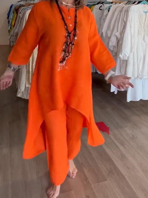 Женский однотонный повседневный летний комплект из хлопка и льна с длинными рукавами