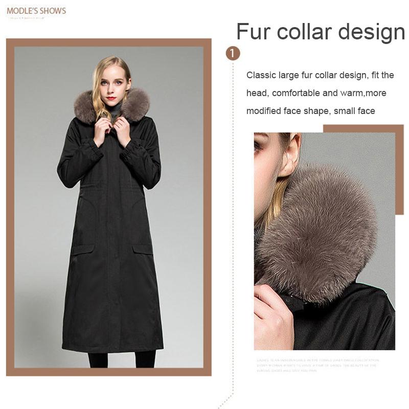 Pie Overcome Women's Knee Length Rex Rabbit Fur Liner Detachable Imitation Fox Fur Collar Lengthening and Thickening Faux Fur Coats for Women