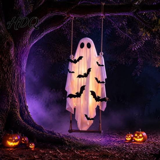 Набор для Хэллоуина, Большие подвесные качели, Украшение-призрак, Светящийся, Жутко качающийся, Дышащий полиэстер с 3D-летучими мышами для крыльца, двора,