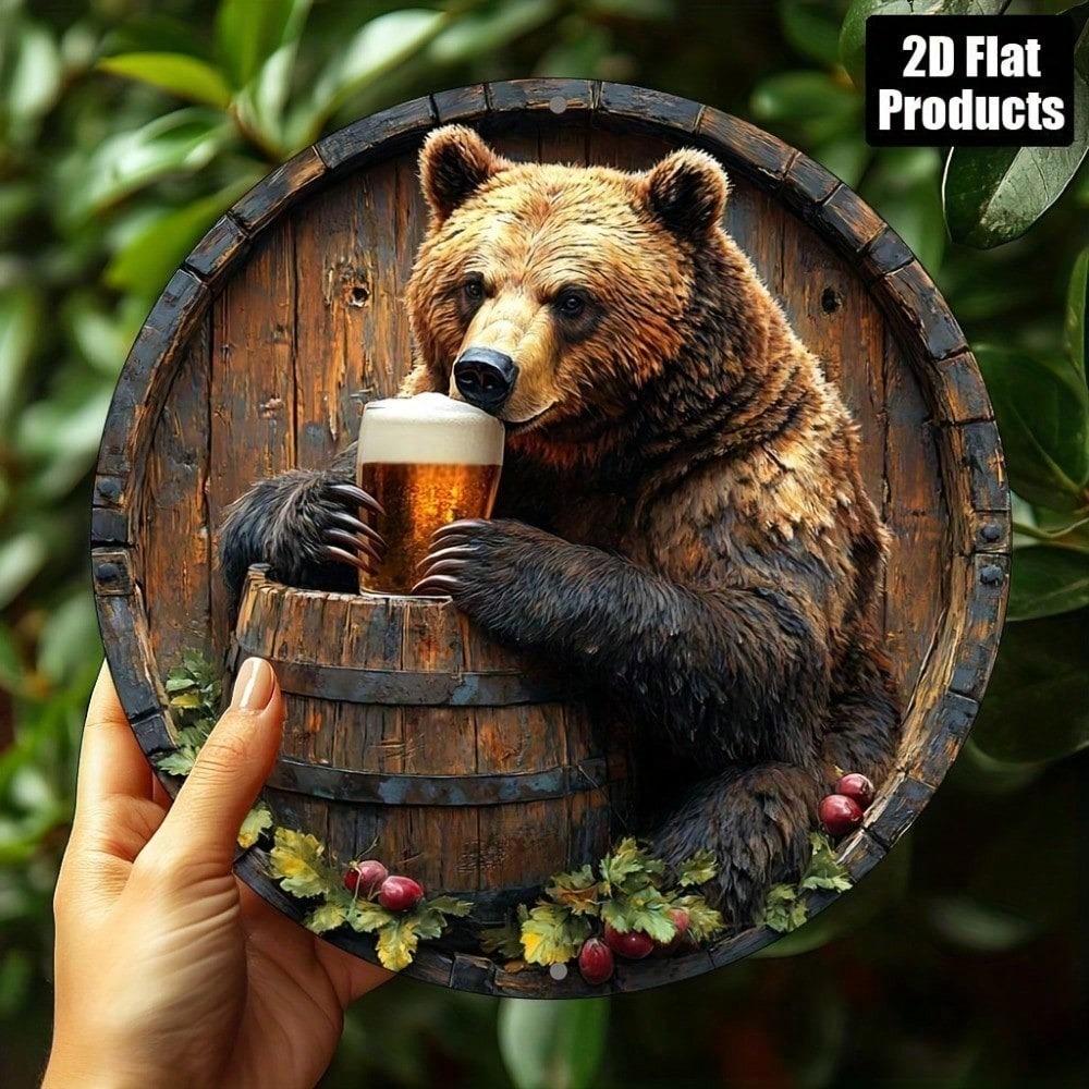 Vintage Bear Beer Round Metal Wall Sign 8x8 Inch Aluminum Plaque Bar Kitchen Home Decor