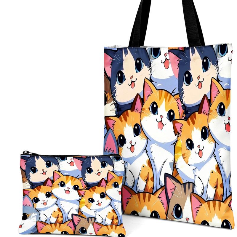 Cute Cat Print Handbag Kitten Pattern Tote Bags And Makeup Bag Combination For Daily Use Shopping And Travel Portable Pouch