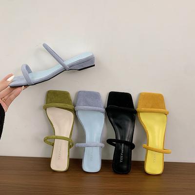 Летние шлепанцы женские на низком каблуке, модные, с квадратным носком, слипоны, слайды, женские, повседневные, для платья, уличный стиль, сандалии