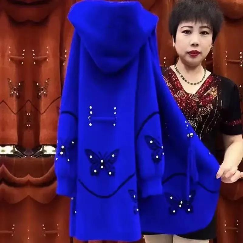Женское утолщенное теплое пальто из искусственного меха норки для осени/зимы, шерстяное пальто с капюшоном длиной макси для женщин среднего и пожилого возраста