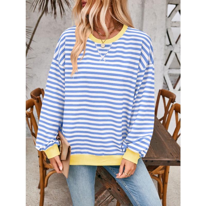 Simple Home Leisure New, Striped Pattern Round Neck Trend Long Sleeve, Pullover Color T-shirt