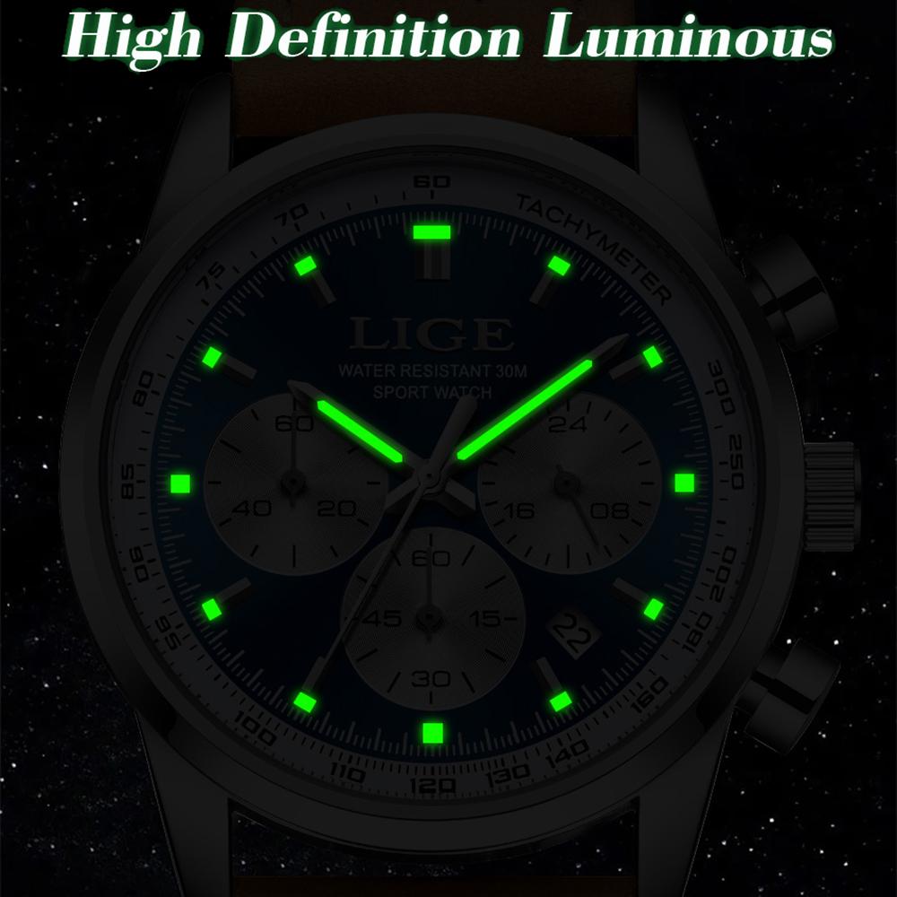 LIGE Men Watch High Quality Luxury Waterproof Chronograph Luminous Men's Wristwatch Leather Quartz Watches For Men Casual Clock