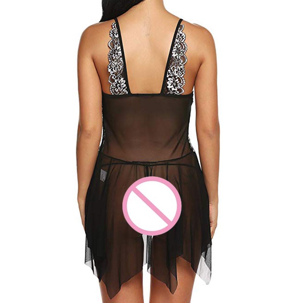 Women V Neck Floral Lace Lingerie Set Open Front Sexy Babydoll Mesh Underwear