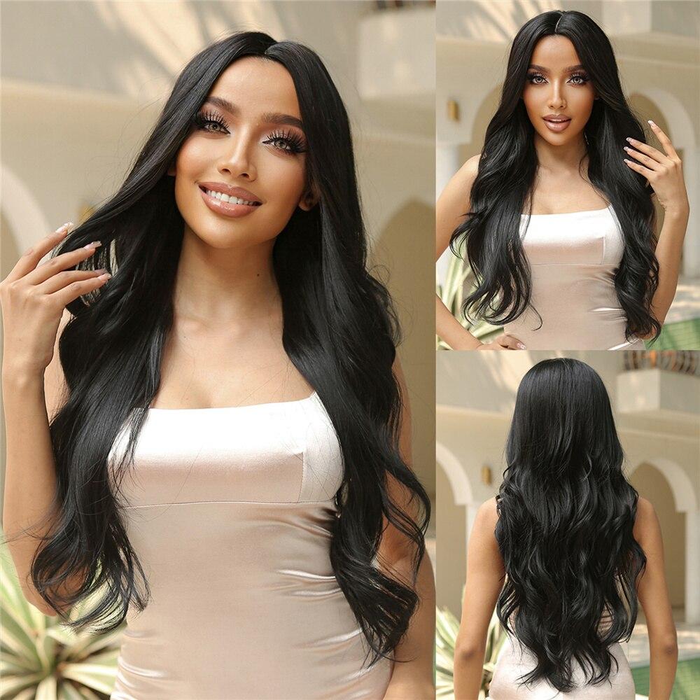 Long Black Synthetic Wigs Middle Part for Black Women Wavy Cosplay Hair Wigs Heat Resistant Fiber