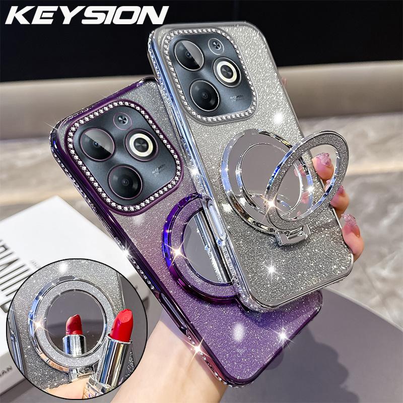 KEYSION Роскошный блестящий магнитный чехол с драгоценностями для телефона Infinix Smart 8, подставка-зеркало для макияжа, противоударный чехол для Infinix Hot 40i