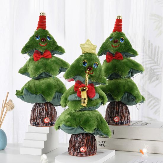 Электрическая новогодняя елочная игрушка с музыкальным светом, работающая от батареек, светодиодная, танцующая, поющая, мини-плюшевая зеленая елка, настольное украшение, украшение для вечеринки