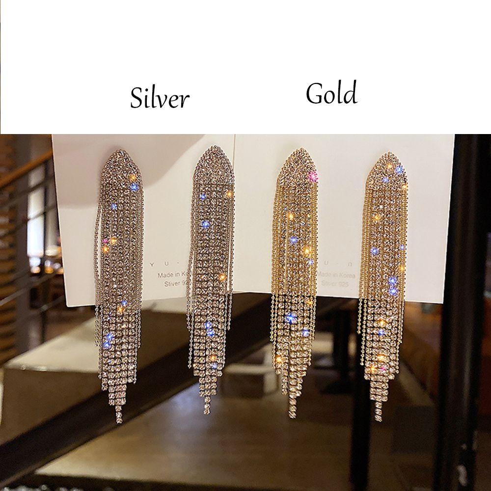 Bridal Wedding Rhinestone Earrings Drop Tassel Earrings Bling Dangle Long Tassel Rhinestone