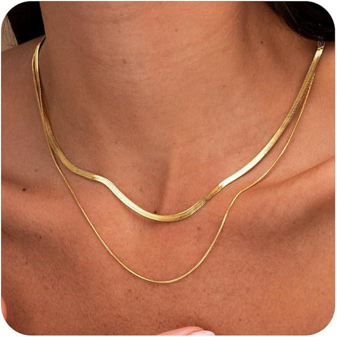 Женский многослойный чокер-ожерелье с золотым покрытием - Набор из 3 минималистичных цепочек кубинского плетения и скрепки