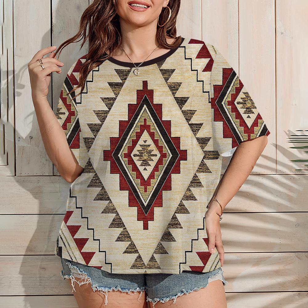 Ethnic T-shirt Women's Short Sleeve Retro Harajuku Wind Geometric Printing Summer Outdoor Casual Tops OverSize Women's Clothing