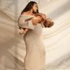 Elegant Knit Maxi Dress for Women Off Shoulder Long Sleeve Sheer Hollow Beach Party Long Dress