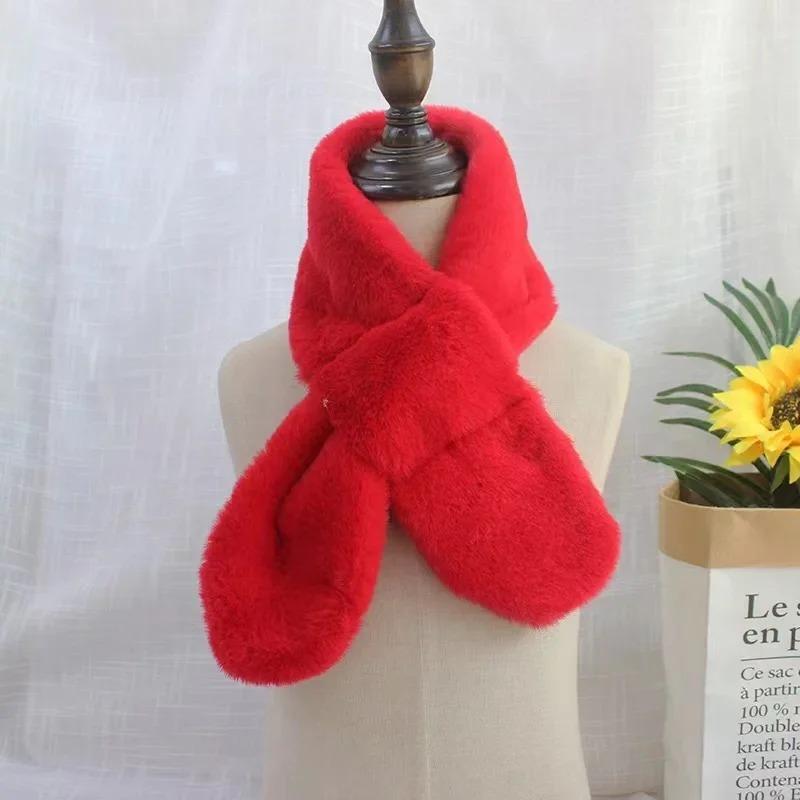 Детский зимний теплый утолщенный шарф с перекрестным воротником для мальчиков и девочек, однотонный искусственный мех кролика, плюшевый милый платок-шарф