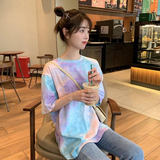 Женская милая футболка Tie Dye O шеи с коротким рукавом, базовая рубашка, свободный топ