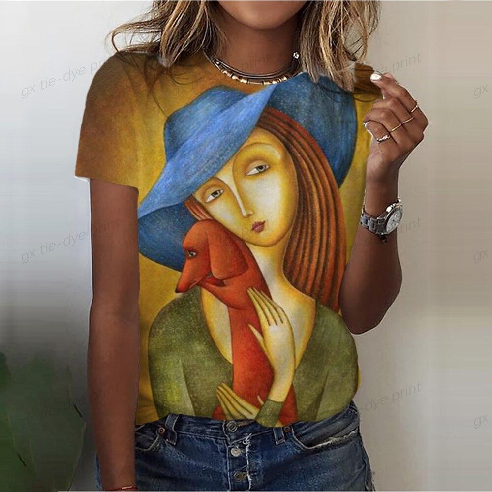 Летний топ с круглым вырезом и 3D-принтом с изображением девушки, модная повседневная женская футболка с коротким рукавом