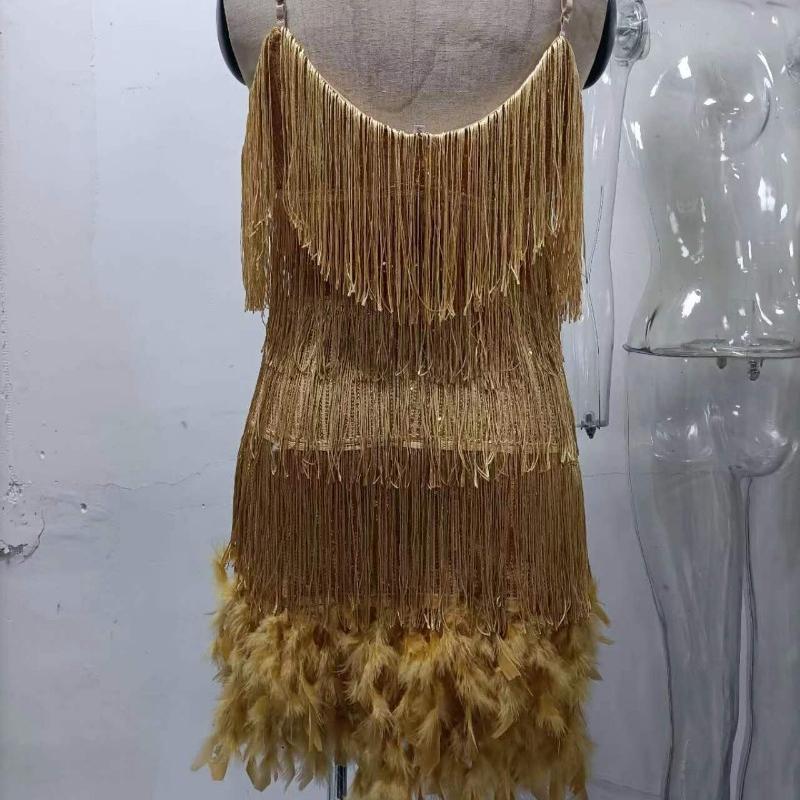 Модное сексуальное платье с пайетками и кисточками на день рождения для женщин без рукавов с V-образным вырезом, элегантное платье в стиле пэчворк с перьями и высокой талией, повседневные платья с открытой спиной 25029