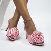 Sexy Peep Toe Rose Flower Silk Decorated Slip-On Thin HIgh Heels Slippers for Wmens Shoes Summer Dress Sandals