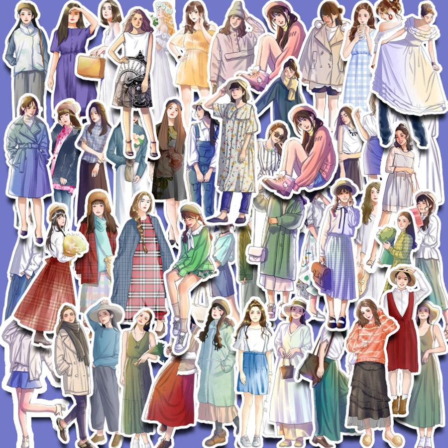 JIANWU 50 Sheets Simple Decor Material Girl Character Outfit Sticker Creative DIY Journal Scrapbooking Collage Stationery