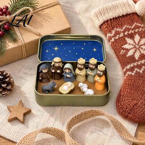 Meaningful Gifts for Family 3D Printed Miniature Christmas Nativity Scene Set in Tin Box Holy Religious Ornaments Figurines Holiday Tabletop
