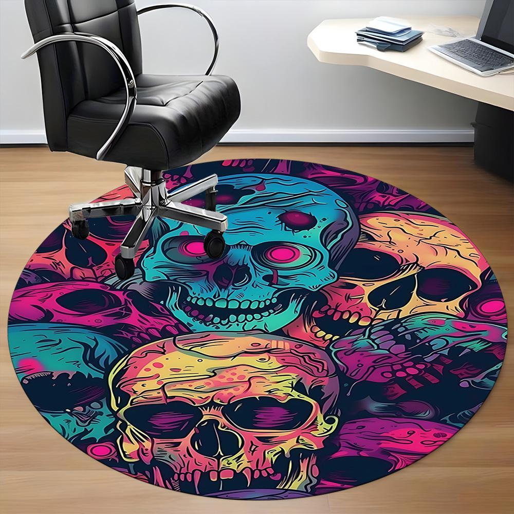 1PC Skull Vibrant Office Round Area Rug, Mat Suitable For Office, Under Office Chairs Bedroom Living Room Home Decor, Room Deco