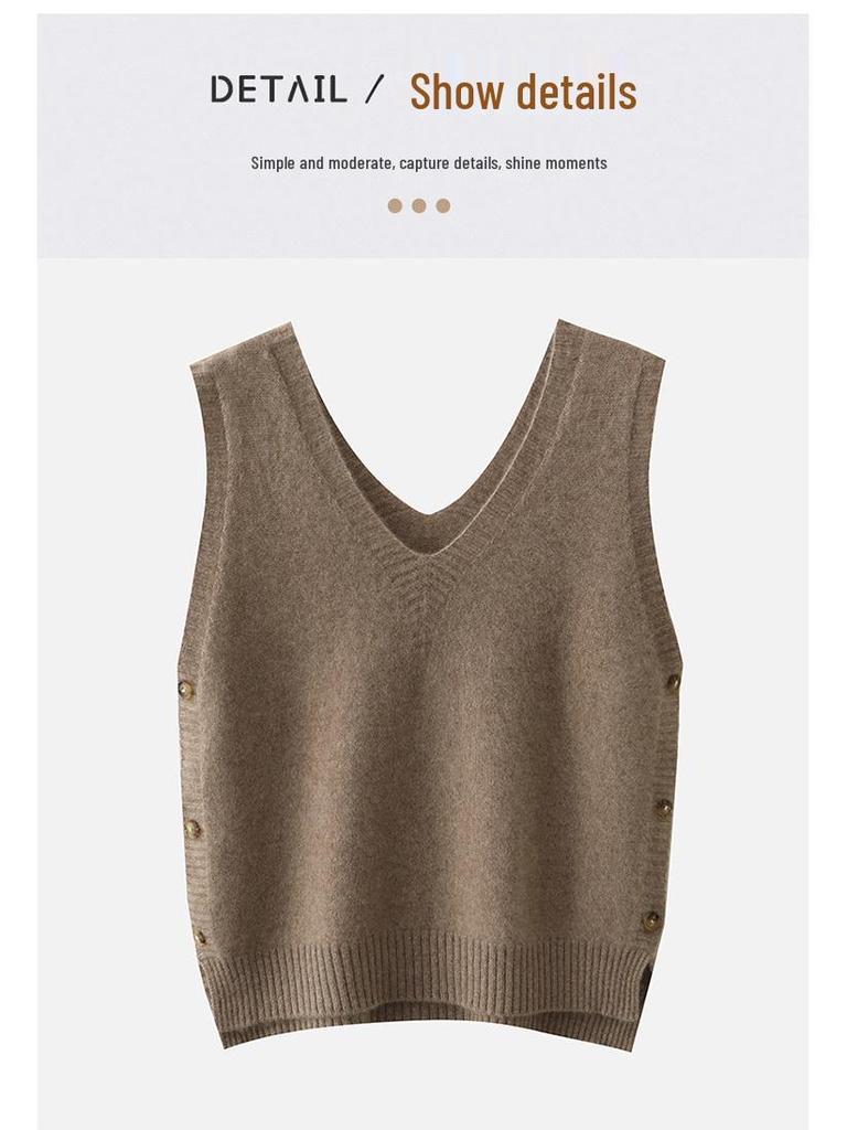 Кашемировый вязаный жилет с V-образным вырезом: Свободный крой, без рукавов, простой пуловер