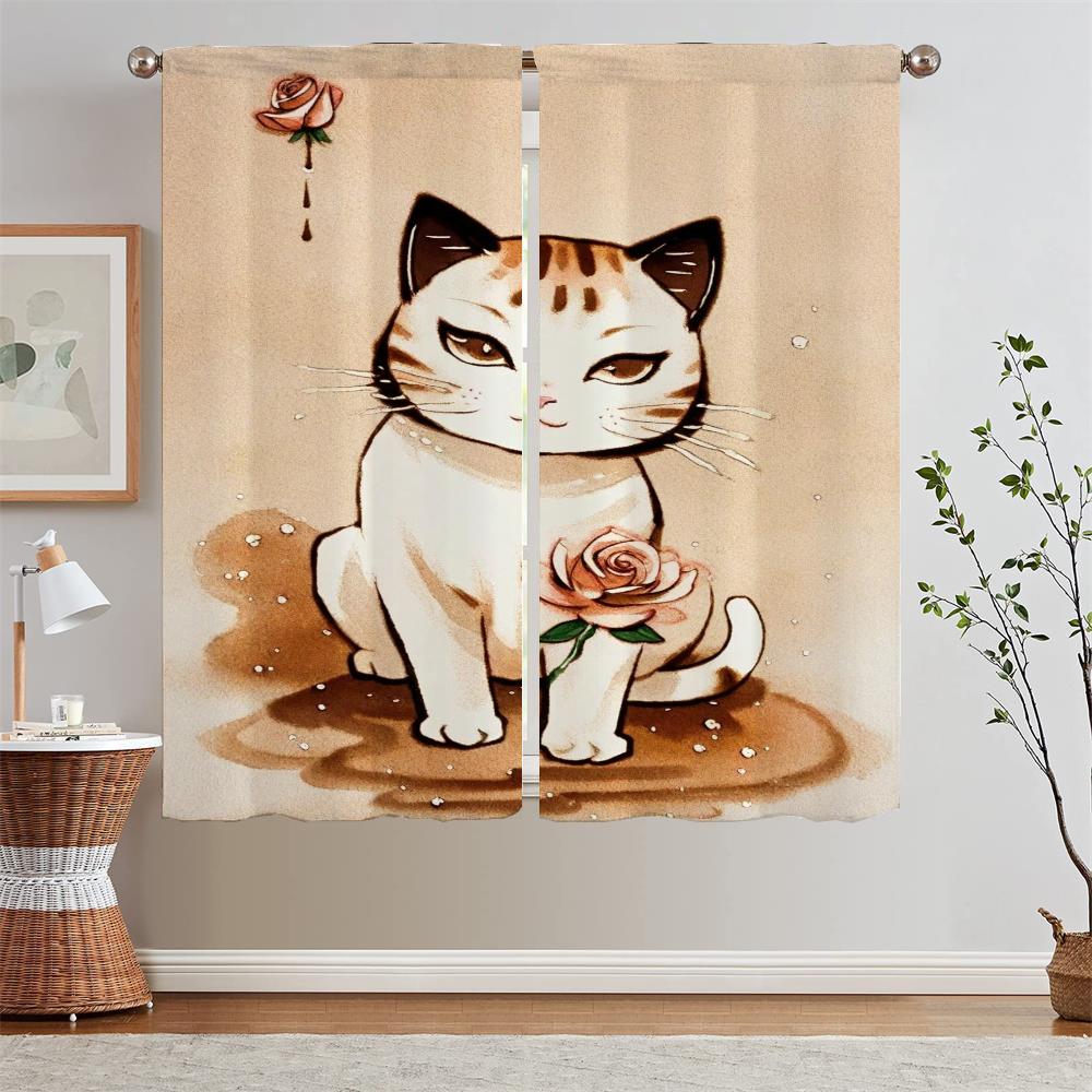 Shade Curtain for Living Room Cute Cat In Sand Painting Style Blinds Kitchen Curtains 2 Pieces Window Curtains Home Partition