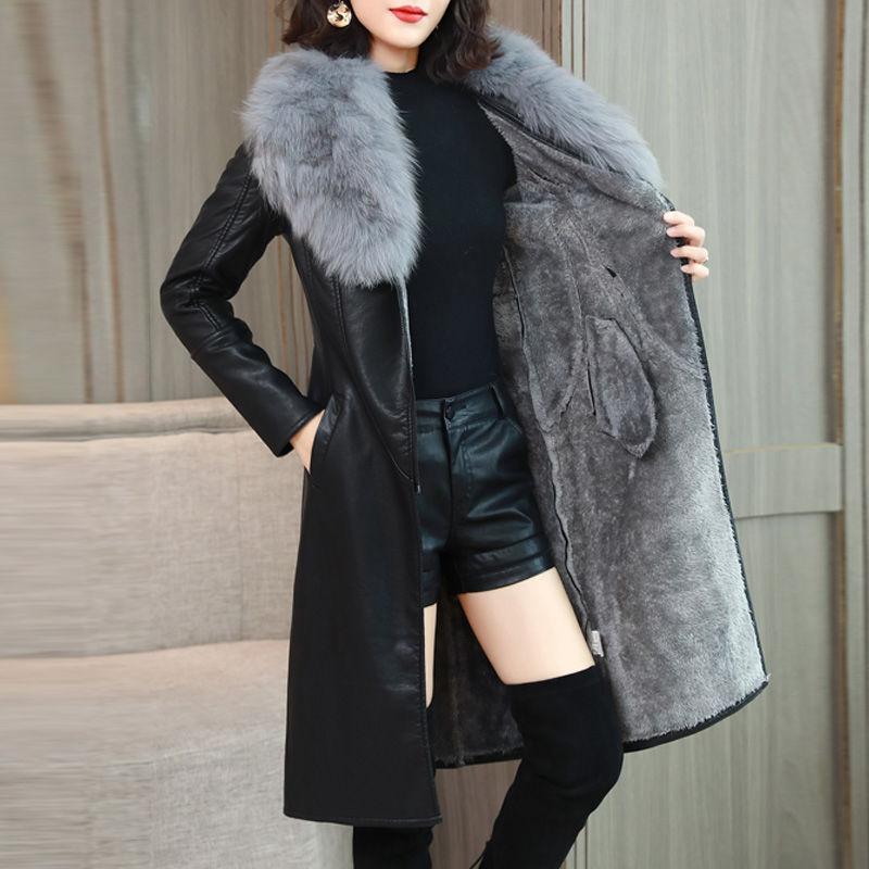 Women's Leather Jacket for Winter Plus Velvet Warm Slim Big Fur Collar Long Leather Coat Female Outerwear