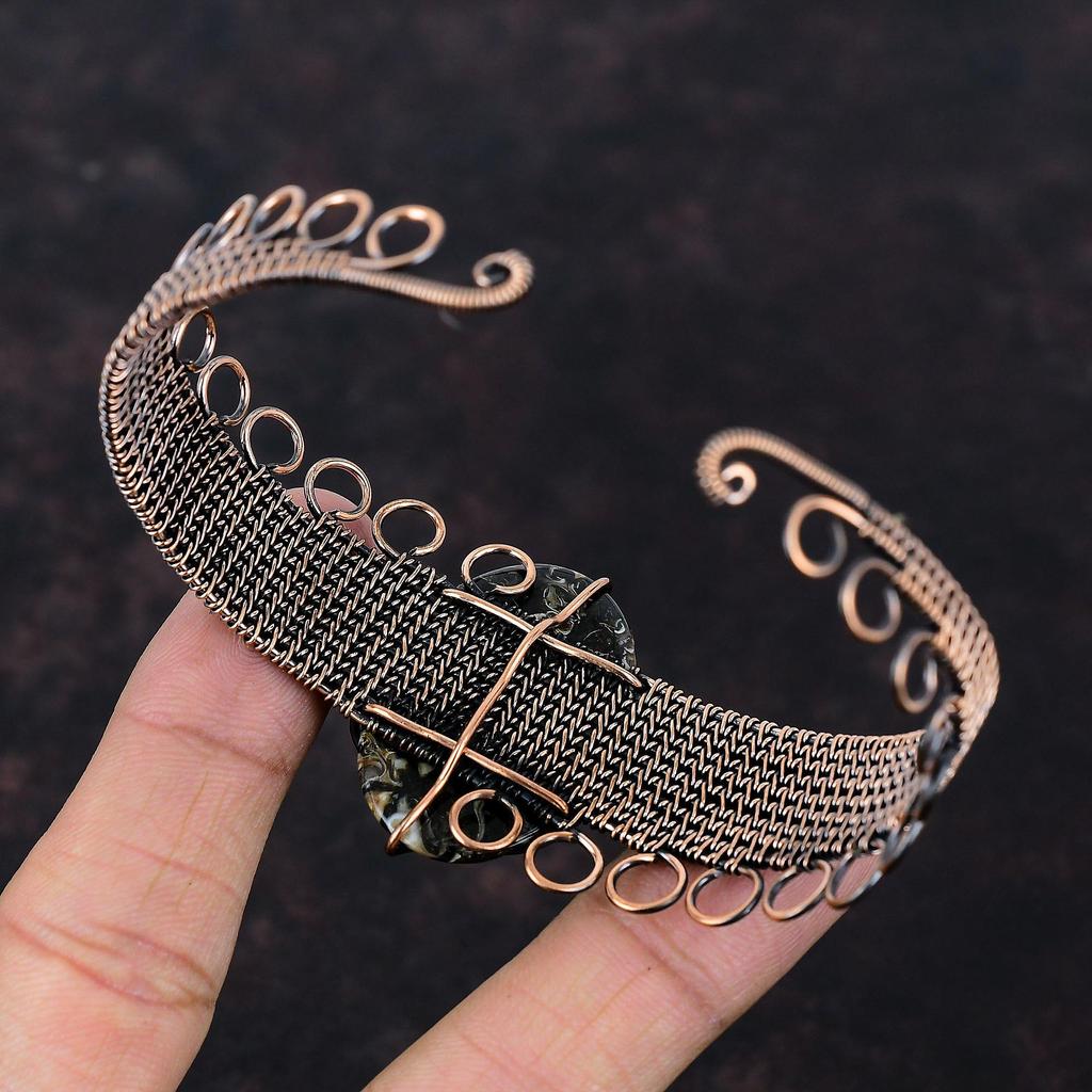 Turritella Agate Cuff Bracelet Copper Wire Wrapped Gemstone Jewelry Handmade Adjustable Cuff Bracelet Copper Wire Wrap Bangle Gift For Mom