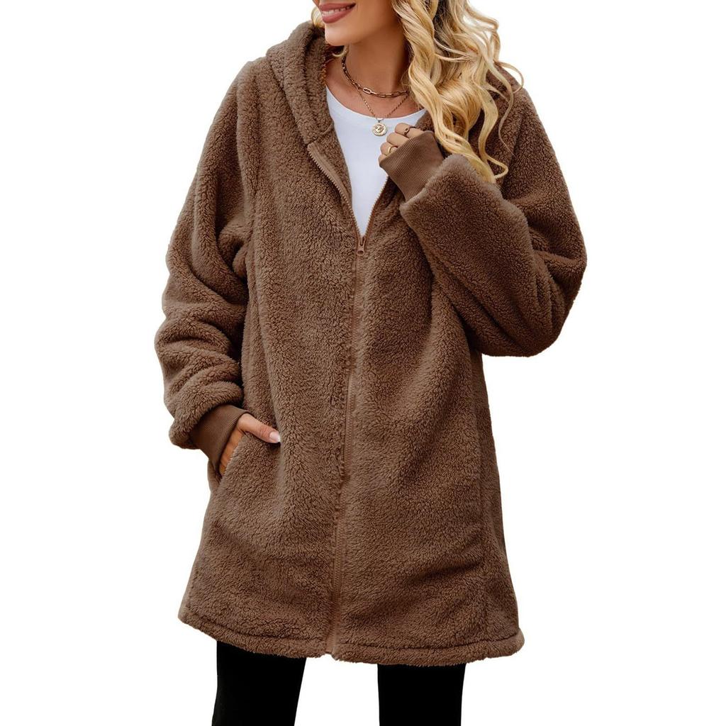 Winter Loose Plush Women's Long Sleeve Hooded Zipper Cardigan Plus Size Jacket