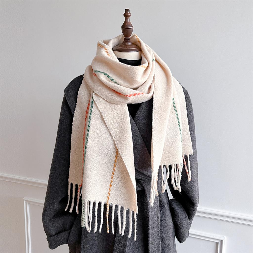 White Plaid Polyester Fringed Scarf Female Autumn And Winter Couple Warm Versatile Skin-Friendly Atmosphere Scarf