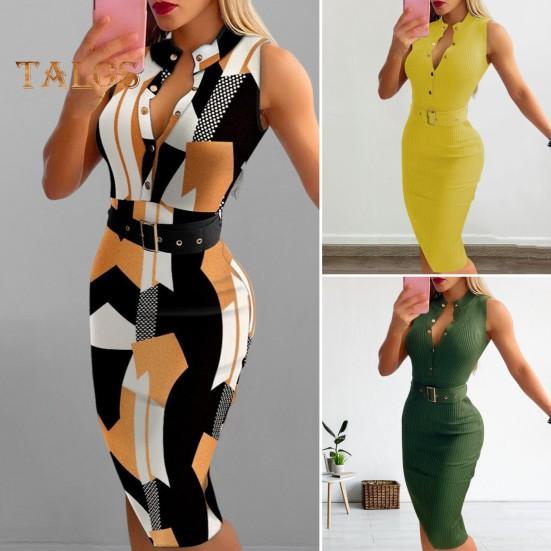 Женское повседневное платье Slim Fit с поясом и высокой талией Воротник-стойка с V-образным вырезом без рукавов Половина однобортный OL Стиль Оболочка длиной до колена Формальный офисный миди