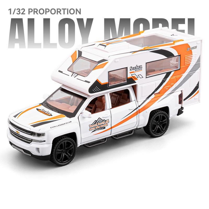 1/32 Пикап Silverado RV Модель автомобиля для отдыха Литой Кемпер Фургон Автодом Туристические транспортные средства Модель автомобиля Звук Свет Детская игрушка Подарок