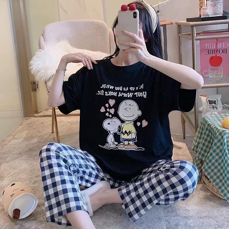 Женский летний мультяшный пижамный комплект - Круглый вырез, Короткий рукав, Легкие брюки для весны и осени