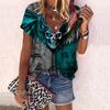 Women's Top Summer New Fashion Rose Flower Dark Skeleton Printed Casual Zipper V-neck Short Sleeve Top