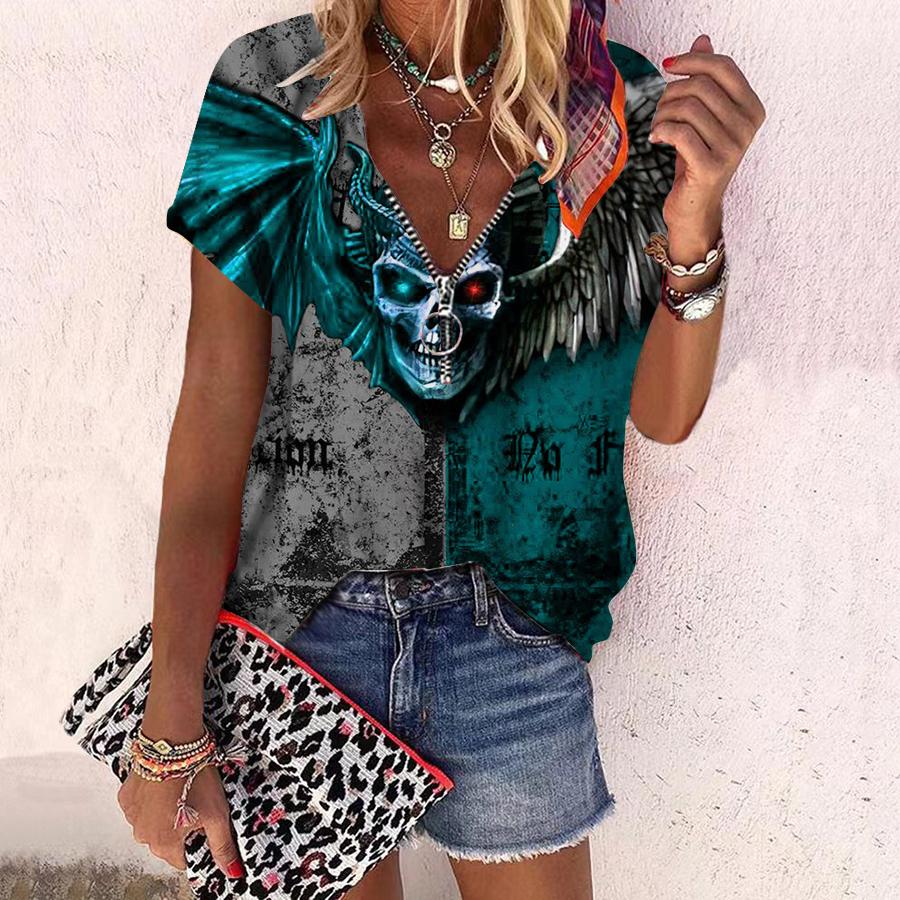 Women's Top Summer New Fashion Rose Flower Dark Skeleton Printed Casual Zipper V-neck Short Sleeve Top