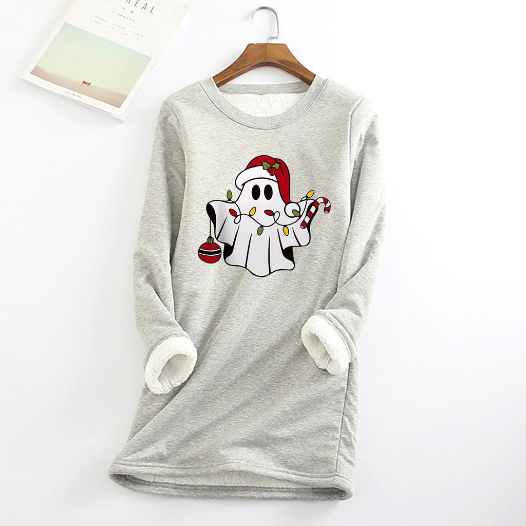 Женский круглый вырез с принтом из утолщенного плюша и кашемира, теплый длинный топ