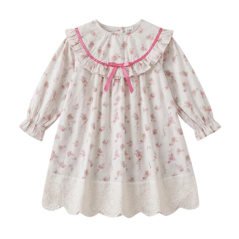Girls Floral Print Ruffle Dress French Style Long Sleeve Cotton Princess 3-8 Years Old Kids