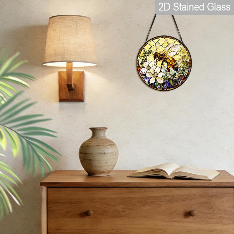 2D Flat Stained Glass Vintage Bee Window Decoration, 7.87inches Bee Flower Design Colored Glass Plate with Chain, Charming Spring Summer Sun Catcher