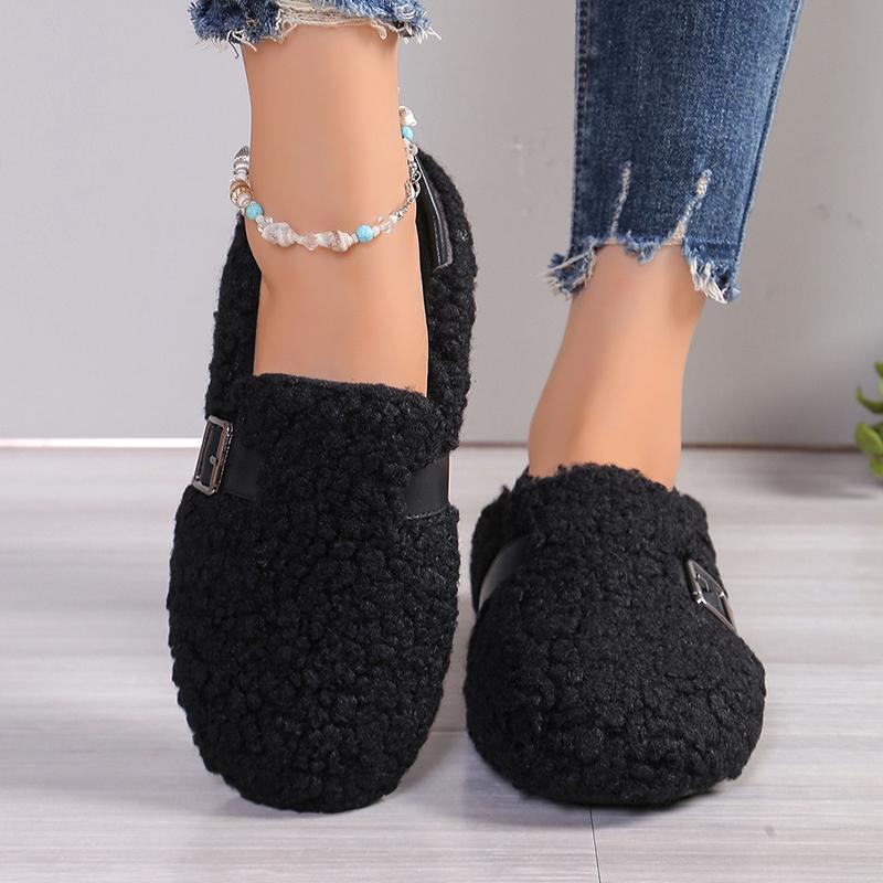 Теплые туфли на плоской подошве из овечьего кашемира, женские, слипоны, мягкая подошва, плюшевые мокасины, женская модная нескользящая повседневная обувь из хлопка с пряжкой