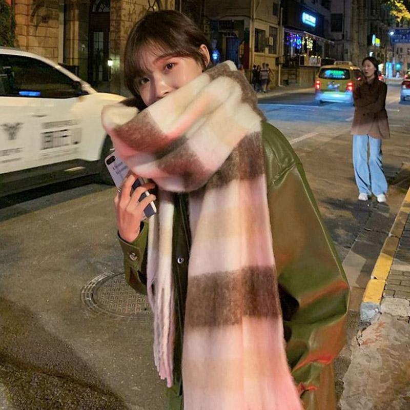 Winter Imitation Cashmere Scarf Korean Fashion Fringed Plaid Scarf Women's Dual-use Lengthened Thick Shawl Scarf