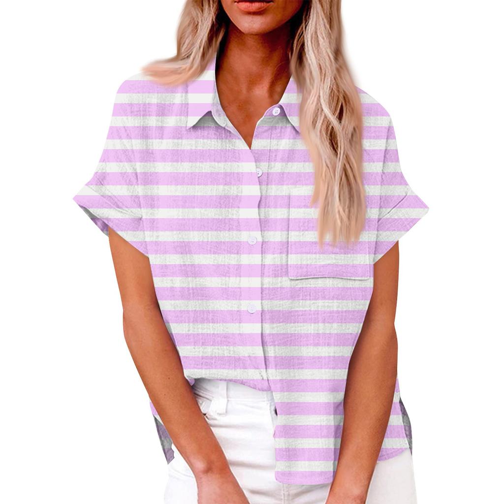 Женская свободная повседневная рубашка с короткими рукавами и отворотом с цифровым принтом и карманом