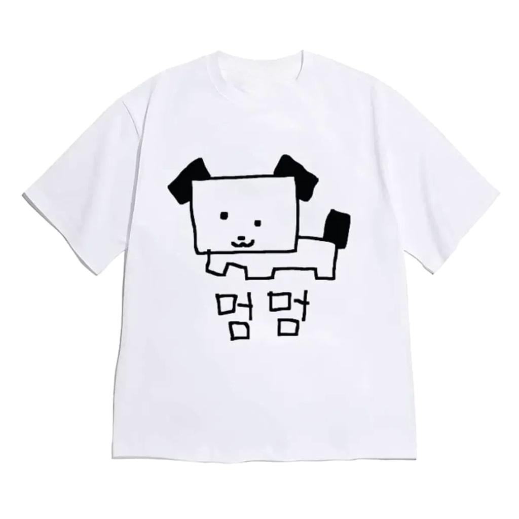 Simple Sketch Puppy Korean Hangul Letter Print Shirt Wounisex Short Sleeve Kawaii Aesthetic Clothes With Unisexy Korean Reviews Wounisex