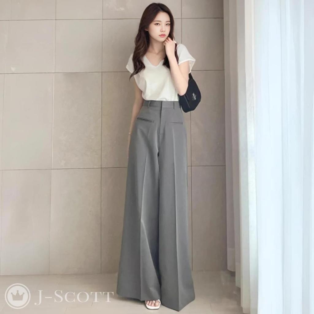 J-Scott Women's Wide-Leg Pants, High-Waisted, Long Legs, Faux Pockets, Center Line, Neat Look, Gray, JS168-GY-S (Limited Stock)