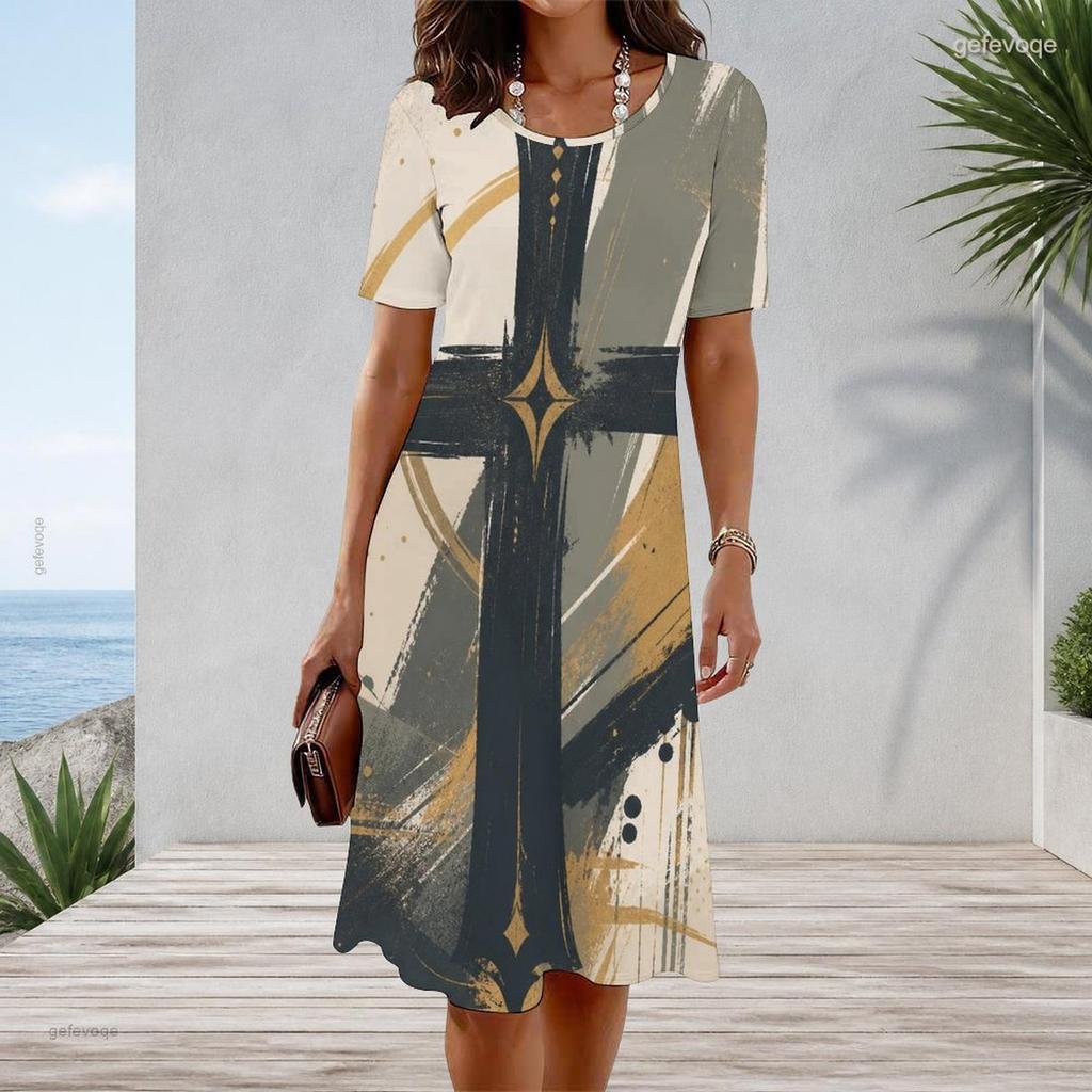 Women Plus Size Round Neck Short Sleeve Red Blue Star Printed A Line Midi Dress