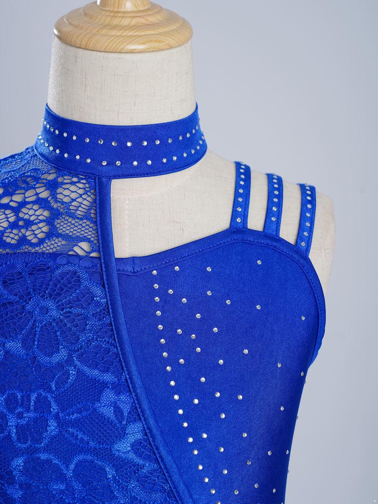 Платье-трико для девочек с воротником-стойкой, цветочным кружевом, стразами, асимметричными плечами и неровным подолом, лирический танцевальный костюм