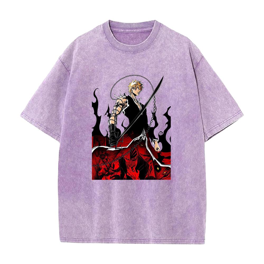 Kurosaki Ichigo BLEACH Clothing Men Women Short Sleeve Manga Tshirts Vintage Washed T Shirt Casual Cotton Tee Harajuku Tshirt