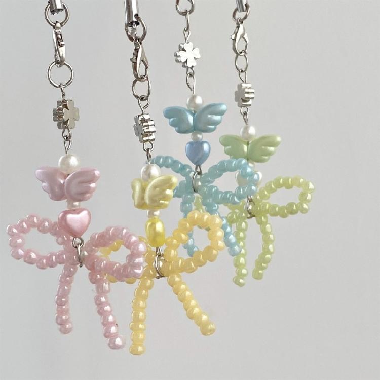Fashionable Beaded Bowknot And Angel Wing Keychain With Silver Heart Detail Fanciful Key Pendant Lightweight Key Decors Great For Gifts