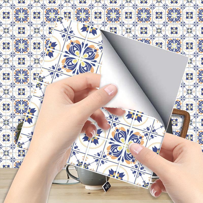 Blue Pattern Tile Sticker Kitchen Backsplash Oil-proof Bathroom Waterproof Home Decor Wall Decals Peel Stick Art Mural