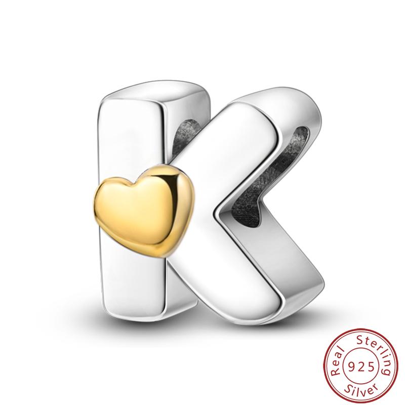 100% 925 Silver 26 Letter A-Z Gold Heart Round And Cute Design Charms Beads 3mm DIY Fine Jewelry Sweet